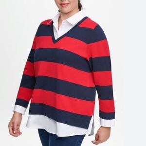 TOMMY HILFIGER Layered-Look Collared Rugby-Striped Sweater